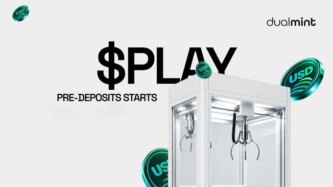 A promotional graphic for Dualmint's '$PLAY' token pre-deposits, featuring 3D green USD coin icons floating around a clear claw machine cabinet.
