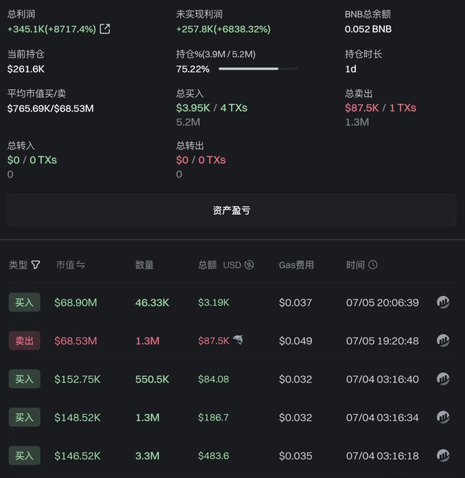 A cryptocurrency trading dashboard showing total profit of +$345.1K (+8717.4%), unrealized profit +$257.8K (+6838.32%), BNB balance of 0.052, current position $261.6K, and a transaction history with buy/sell entries in USD amounts.