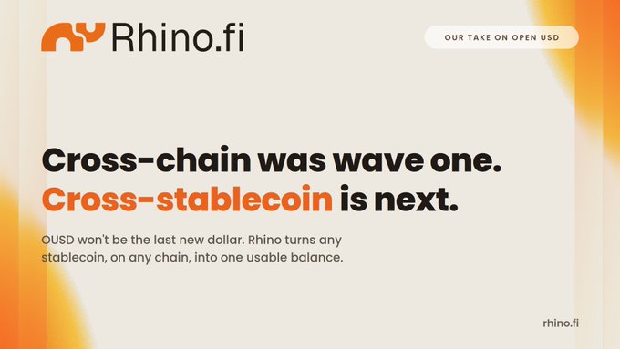 The image shows a promotional graphic for Rhino.fi with the headline "Cross-chain was wave one. Cross-stablecoin is next." along with text stating "OUSD won't be the last new dollar. Rhino turns any stablecoin, on any chain, into one usable balance."

The graphic relates to the post's message about OUSD potentially sparking further stablecoin fragmentation—Rhino.fi positions itself as the solution, offering a unified balance across multiple stablecoins and chains, suggesting that while new dollars like OUSD will keep emerging, Rhino.fi can consolidate them into a single functional balance.