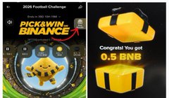 The image shows a "2026 Football Challenge" from Binance featuring a "Pick & Win, Binance" game interface with a yellow gift box, announcing a win of 0.5 BNB. This relates to the post by highlighting another reward from the Binance Football Campaign 2026, complementing the user's 13 USDC and 20 CC earnings with the 0.5 BNB prize shown.