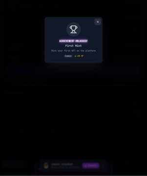 A dark screen displaying a 'First Mint' achievement bracket pop-up with the text 'Bet your first NFT on the platform' and reward of x 28 XP.