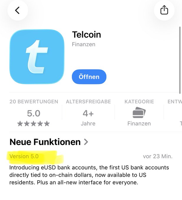 The image shows a screenshot of an app store page for Telcoin, which is a cryptocurrency wallet application. The main focus of the image is the app's title "Telcoin" displayed at the top center of the screen. Below this, there are several descriptions and ratings for the app in German, including one that reads "Neue Funktionalen", indicating its purpose or function. Additionally, it mentions that the app has been rated 5.0 stars out of 5.