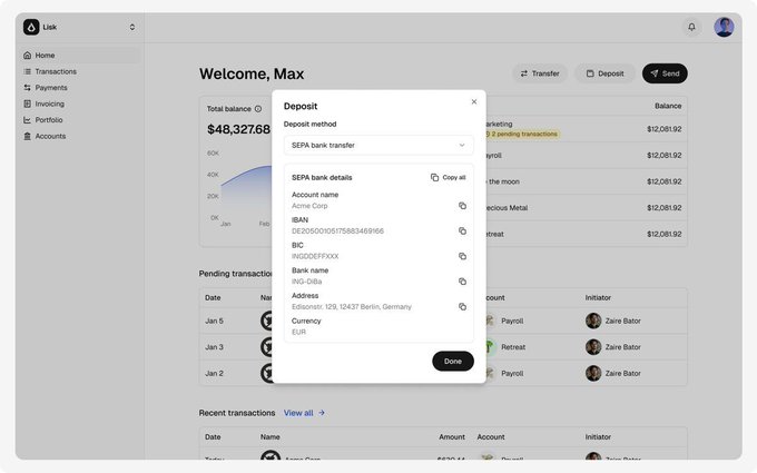 Screenshot of a banking app called 'Lisk' showing a 'Welcome, Max' dashboard with a total balance of $48,327.68, and a pop-up dialog box displaying SEPA bank transfer deposit details for an account named 'Active Corp'.