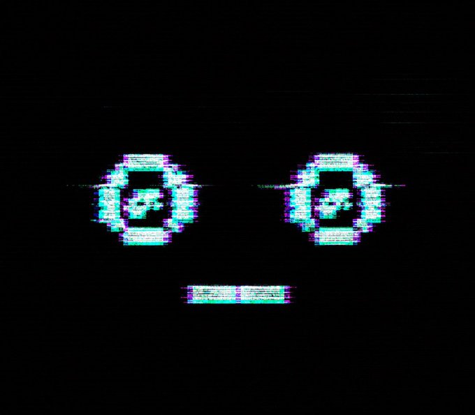 A dark image showing a digital/glitch-style face composed of two glowing eyes and a small rectangular mouth against a black background.