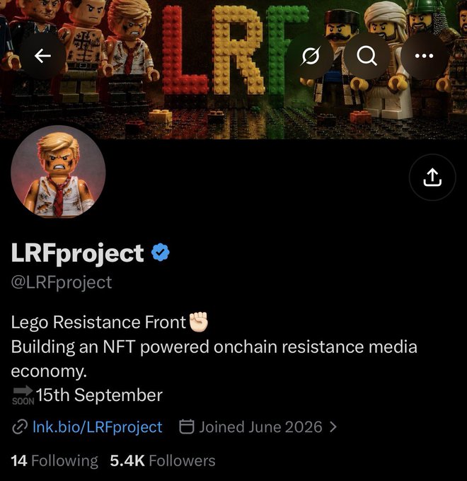 A Twitter profile page for "LRFproject" (@LRFproject), bio reading "Lego Resistance Front ✊ Building an NFT powered onchain resistance media economy. 15th September SOON", with 5.4K Followers and a banner featuring Lego-style characters