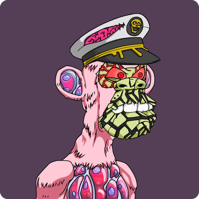 A grotesque cartoon-style illustration of a pink-skinned monkey character with an exposed brain, yellow crystalline jaw, and a captain's hat with a brain emblem, signed 'NOIA.IN'.
