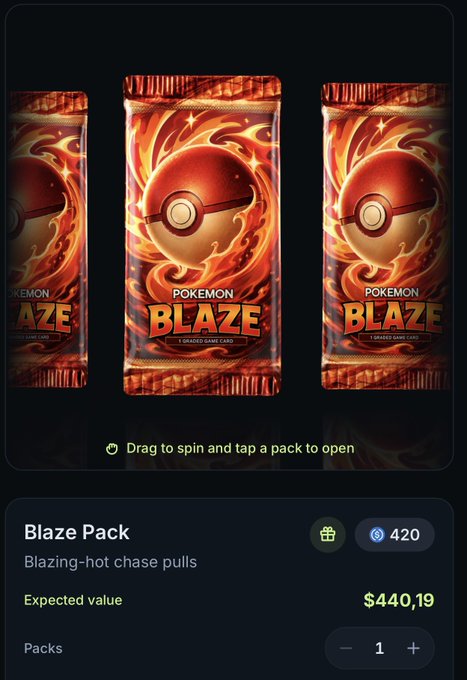 Digital store interface showing three flame-themed 'Pokemon Blaze' card packs with the instruction 'Drag to spin and tap a pack to open,' priced at 420 and an expected value of $440.19.
