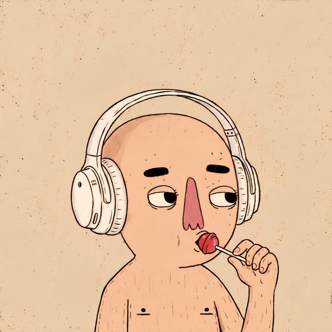 A cartoon illustration of a bald, shirtless character with a large nose wearing white headphones and sucking on a red lollipop against a beige background.