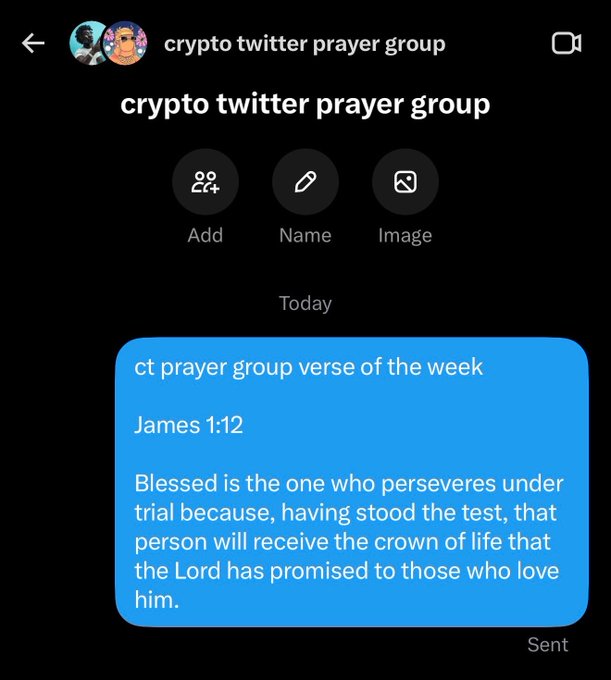 A Facebook Messenger chat screenshot from the "crypto twitter prayer group" shares the verse of the week, James 1:12: "Blessed is the one who perseveres under trial because, having stood the test, that person will receive the crown of life that the Lord has promised to those who love him."