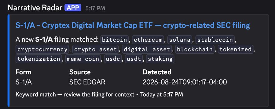 A Slack notification from "Narrative Radar" alerts users to a new S-1/A filing for the "Cryptex Digital Market Cap ETF" on SEC EDGAR, flagging crypto-related keywords like bitcoin, ethereum, solana, stablecoin, meme coin, doge, and shib detected at 5:17 PM on August 24, 2026—supporting the post's claim about a fresh, crypto-focused SEC filing that favorably characterizes meme assets as "narrative rather than utility."