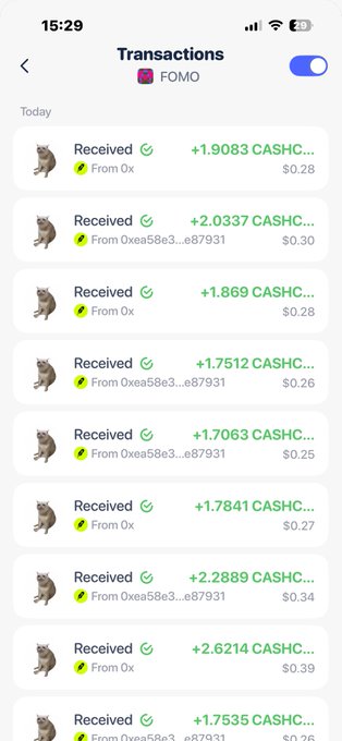 A phone screenshot showing multiple received FOMO transactions, each worth small amounts of CASHC (ranging from $0.25 to $0.39).