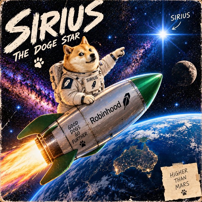Vintage-style illustration titled "SIRIUS THE DOGE STAR" depicting a Shiba Inu dog in an astronaut suit riding a Robinhood-branded rocket toward Sirius star, with text "Good Dogs Go Further" and "Higher Than Mars".