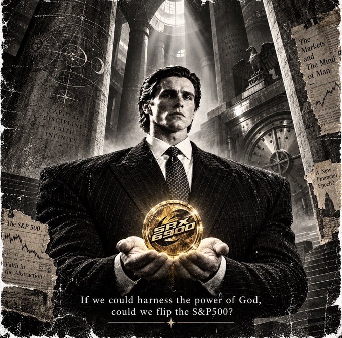A promotional graphic featuring a man in a suit holding a gold coin labeled "S&P 500" with the caption "If we could harness the power of God, could we flip the S&P500?" amid financial newspaper clippings.