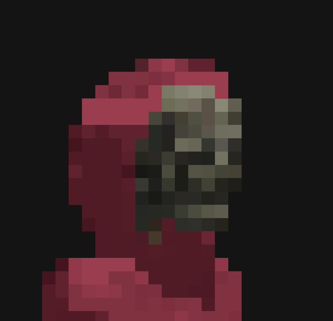 Pixel art portrait on a black background showing a figure in a red hood with an obscured face, rendered in blocky pixelated style with dark green and black face details.