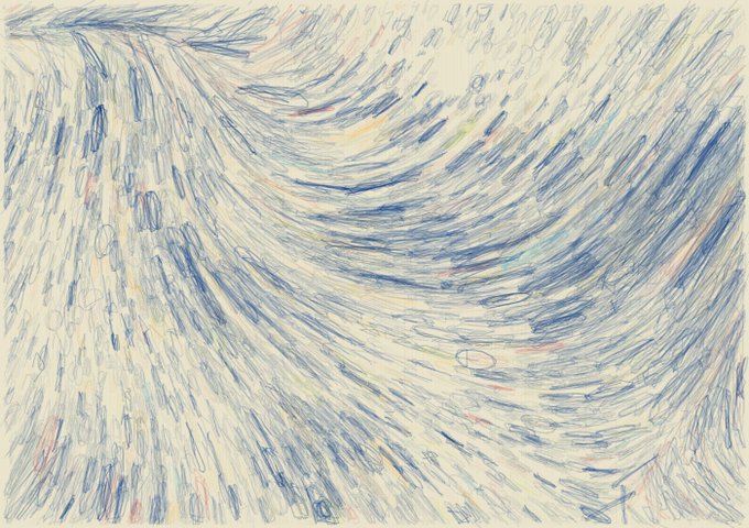 A watercolor painting featuring swirling, curved blue brushstrokes with scattered touches of red and yellow, reminiscent of Vincent van Gogh's expressive style.