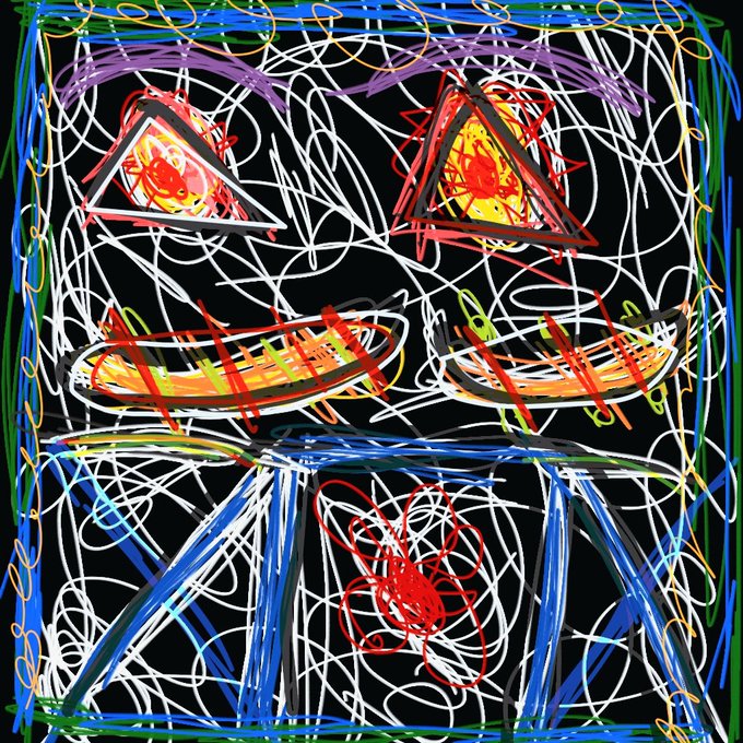 An abstract digital drawing with chaotic scribbles in multiple colors featuring two triangular shapes resembling eyes, oval shapes, and a blue geometric figure on a black background.