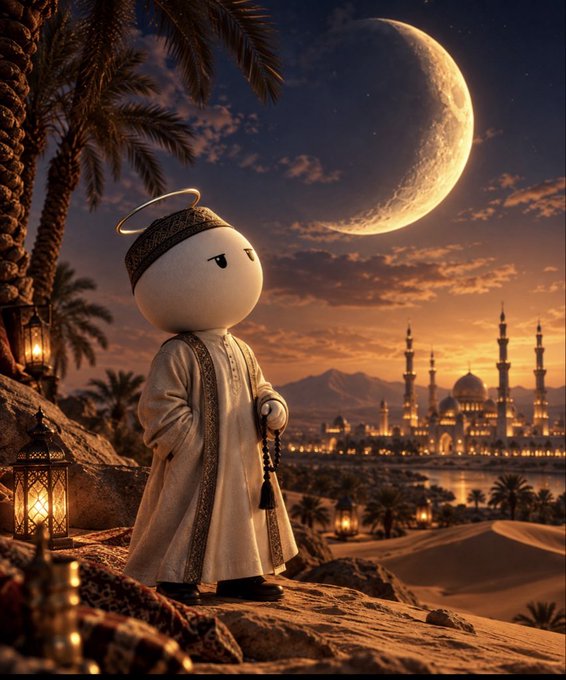 AI-generated artistic image of a cute cartoon character wearing traditional Islamic attire and a prayer cap with a halo, standing on sand overlooking a city with mosque minarets under a crescent moon.