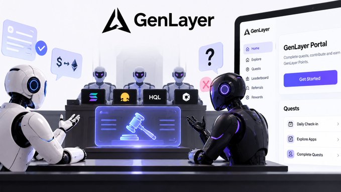 Promotional graphic for GenLayer Portal featuring robots at a legal-style bench, with a hammer icon displayed on a laptop screen showing quests like Daily Check-in, Explore Apps, and Complete Quests.