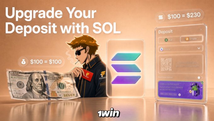 An advertisement for upgrading a deposit with Solana (SOL), featuring a stylized character holding a hundred-dollar bill next to a deposit panel showing Fiat, Crypto, and Soland options.