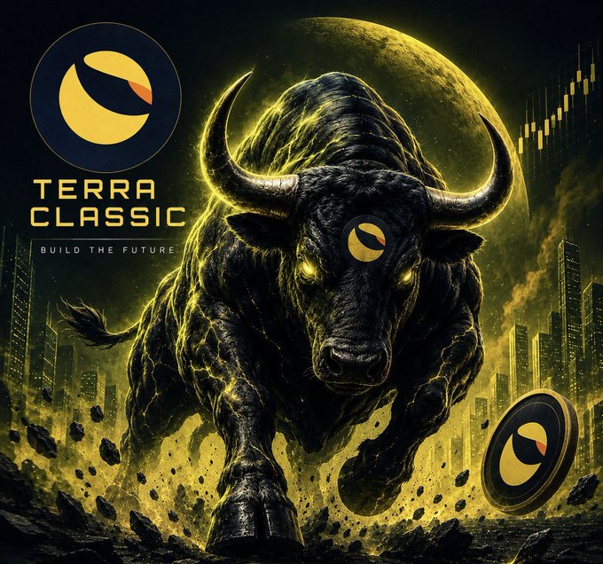 A powerful bull with glowing yellow eyes and lightning-like cracks across its body charges through a dark cityscape beneath a large moon, accompanied by the "TERRA CLASSIC — BUILD THE FUTURE" logo and branding. The imagery of a charging bull visually reinforces the post's rallying message about $LUNC's resilience and forward momentum.