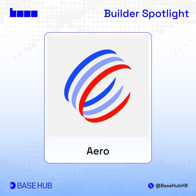 A “Builder Spotlight” graphic features the Aero logo and the name “Aero,” with BASE HUB and @BaseHubHB branding. It highlights Aero’s role as a cross-chain DeFi liquidity hub connecting Aerodrome and Velodrome across seven chains via Metaswaps.