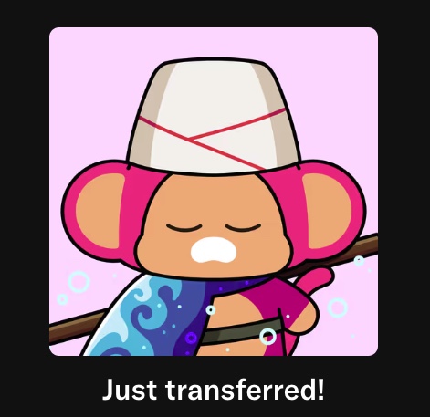 A cute cartoon monkey with closed eyes wearing a white hat and holding a staff appears on a pink background, with the caption "Just transferred!" displayed below, symbolizing the crypto transaction mentioned in the post welcoming @PureBredCrypto to the CHIMPS community.