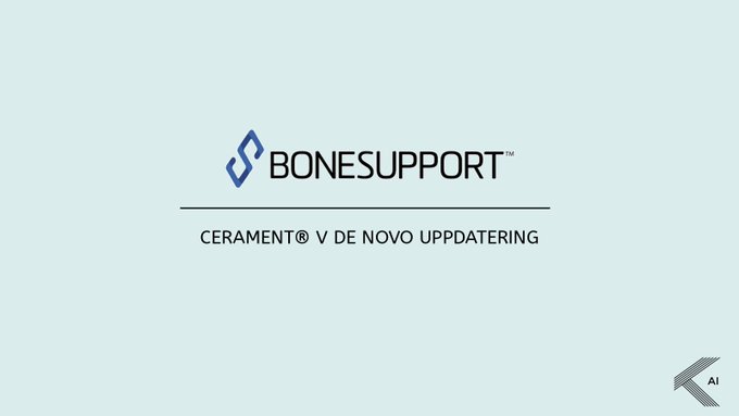 A light blue title slide featuring the Bonesupport company logo with the text 'CERAMENT® V DE NOVO UPPDATERING' underneath.