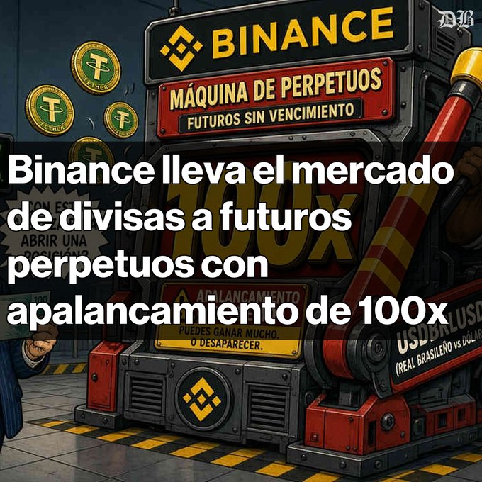 An illustrated advertisement for Binance features Spanish text: 'Binance lleva el mercado de divisas a futuros perpetuos con apalancamiento de 100x', alongside the Binance logo and a machine labeled 'MÁQUINA DE PERPETUOS FUTUROS SIN VENCIMIENTO 100X'.