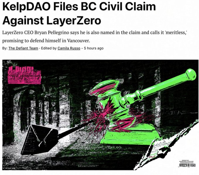 A news headline reading 'KelpDAO Files BC Civil Claim Against LayerZero' with subtext about LayerZero CEO Bryan Pellegrino being named in the claim, accompanied by artwork featuring a gavel and Ethereum logo.