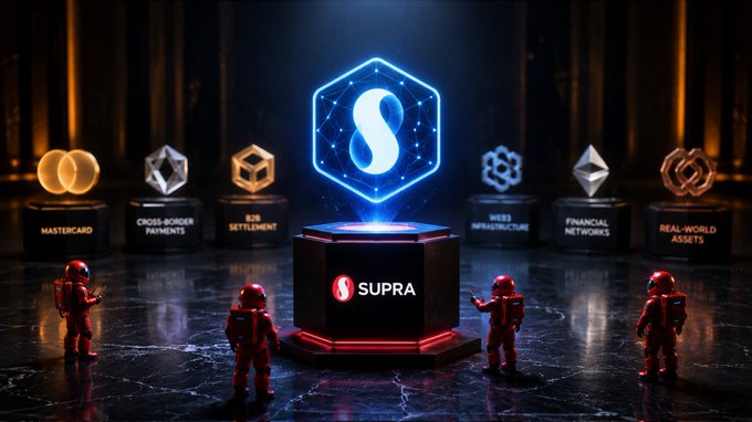 A futuristic digital illustration of the "SUPRA" logo on a glowing pedestal, flanked by astronauts and pedestals labeled "MASTERCARD," "CROSS-BORDER PAYMENTS," "B2B SETTLEMENT," "WEB3 INFRASTRUCTURE," "FINANCIAL NETWORKS," and "REAL-WORLD ASSETS."