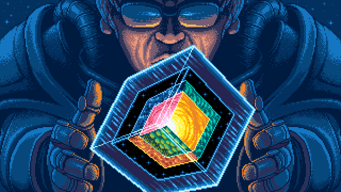 Pixel art illustration of an astronaut holding a glowing, colorful hexagonal crystal or device, set against a starry dark blue background.