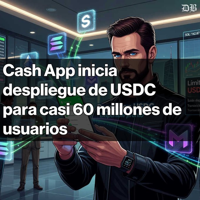 The image features an illustration of a man holding a cell phone with a cash app icon displayed on his screen. The text above the illustration reads "Cash App iniciaia despliega USDC para 60 millones de usuarios Block ha comenzado a habilitar pagos y transferencias con USDC en Cash App." This suggests that the man is using the cash app to make transactions, possibly for charitable purposes or other social causes.

The image also includes text about Bitcoin and Ethereum, which are digital currencies used in various online platforms. The combination of these elements creates a sense of depth and complexity within the illustration, as it showcases both traditional financial systems like Cash App and newer digital currency options such as Bitcoin and Ethereum.