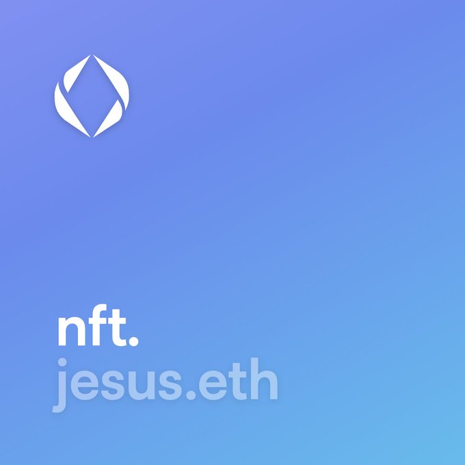 Gradient purple-blue background featuring the Ethereum logo and text 'nft. jesus.eth'.