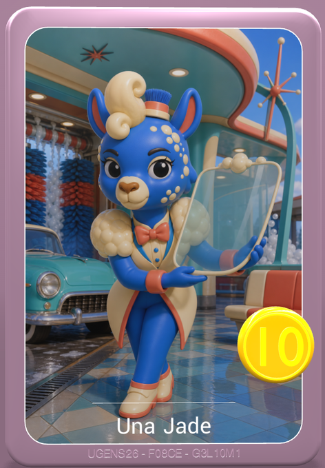 Una Jade, a Level 10 (10) blue llama-like character with a cream-colored curl and red bow tie, holds a transparent shield in a retro car wash setting featuring a vintage teal car and bubble-filled machinery. The card displays "Una Jade" and the identifier "UGENS26·F08CE·G3L10M1," matching the Uppie of the Week introduction celebrating her car wash-running role.