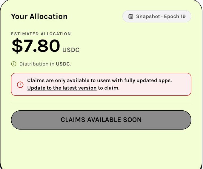An estimated allocation screen for the Grass airdrop showing $7.80 USDC, marked for Snapshot · Epoch 19, with a notice that claims require a fully updated app. The image directly visualizes the post's claimed $7.80 USDC allocation for Epoch 19, while also alerting viewers that claims are unavailable until the app is updated.