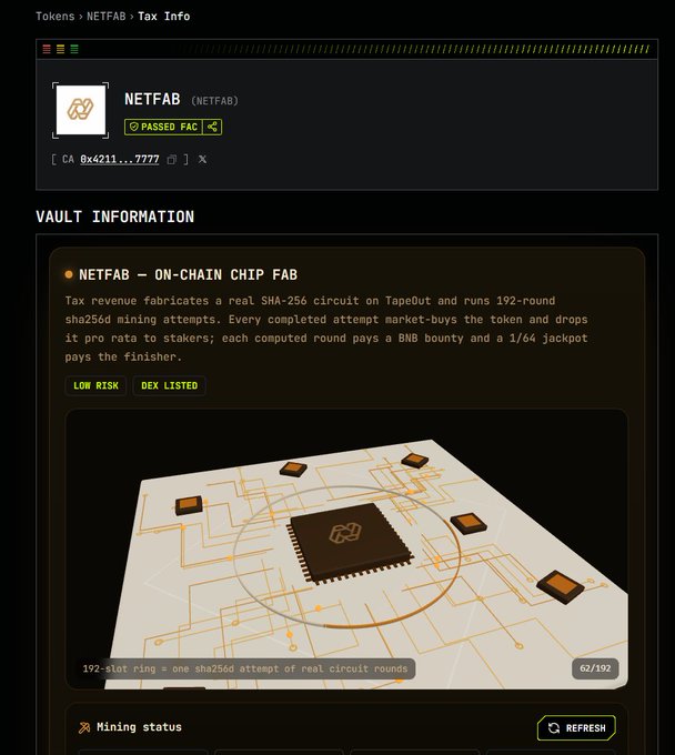 A 'Tokens > NETFAB > Tax Info' webpage displaying 'NETFAB - ON-CHAIN CHIP FAB' with a 'PASSED FAC' tag, explaining that tax revenue fabricates a real SHA-256 circuit on TapeOut and runs 192-round sha256d mining attempts, accompanied by a graphic of a circuit board with the text '192-slot ring = one sha256d attempt of real circuit rounds 62/192'.