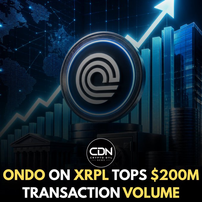 A promotional graphic for Crypto DVL News featuring a glowing circular token emblem alongside rising bar charts and a bright upward arrow, with the headline "ONDO ON XRPL TOPS $200M TRANSACTION VOLUME," visually reinforcing the milestone of Ondo's tokenized assets surpassing $200 million (approximately $213 million) in TVL on the XRP Ledger.