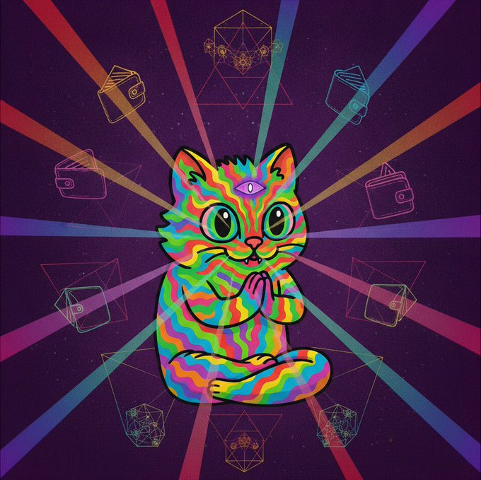 A colorful, psychedelic digital illustration of a rainbow-striped cat with a third eye sitting in a meditative pose, surrounded by radiating beams and floating geometric shapes and wallet icons on a dark purple background.