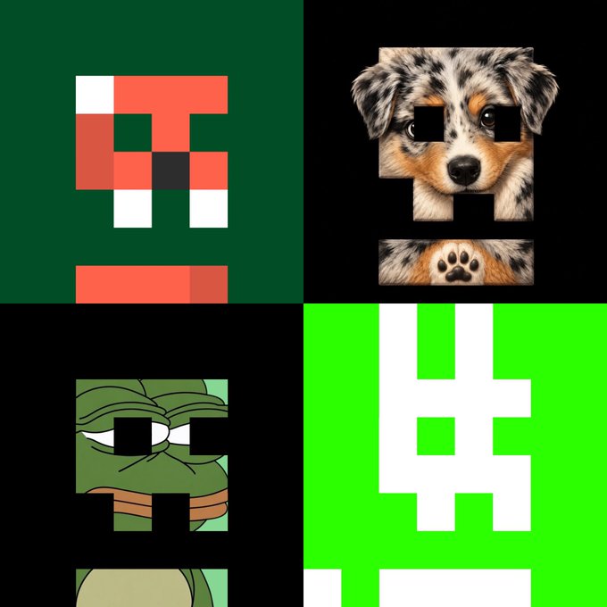 Four Minecraft-style character faces: a red mushroom-like figure, a blue merle dog, a Teenage Mutant Ninja Turtle, and a green creature.
