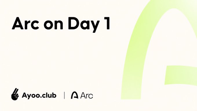 A clean promotional graphic with "Arc on Day 1" text, logos for "Ayoo.club" and "Arc" at the bottom, and a large light green "A" shape on the right.