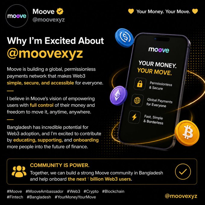 A promotional graphic for "Moove" (@moovexyz), a Web3 permissionless payments network, featuring USDC, Ethereum, and Bitcoin logos with text about building community in Bangladesh.
