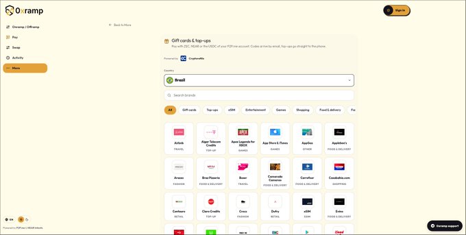 A screenshot of a Ramp app interface for purchasing 'Gift cards & top-ups', showing a search bar and a grid of brand logos including Airbnb, Amazon, and Asos.