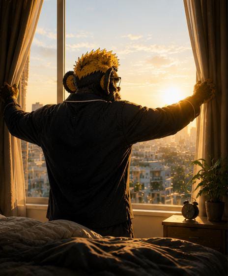 A person wearing a furry, animal-like mask and dark shirt pulls open bedroom curtains, revealing a city skyline bathed in golden sunset light.