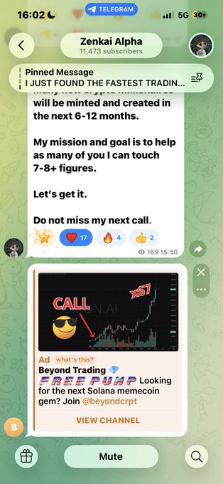 A Telegram channel called "Zenkai Alpha" with 11,473 subscribers shows a pinned message about a fast trading discovery, followed by a 169-viewed post, alongside a sponsored advertisement for "Beyond Trading" promoting a Solana memecoin.

The accompanying post appears to be a Solana wallet address, likely shared as a trading tip or call from the channel shown.