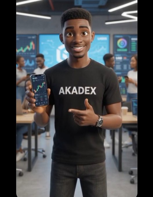 A 3D-rendered young man in an office environment wearing a black 'AKADEX' t-shirt, holding a smartphone displaying a trading chart and pointing at the camera.