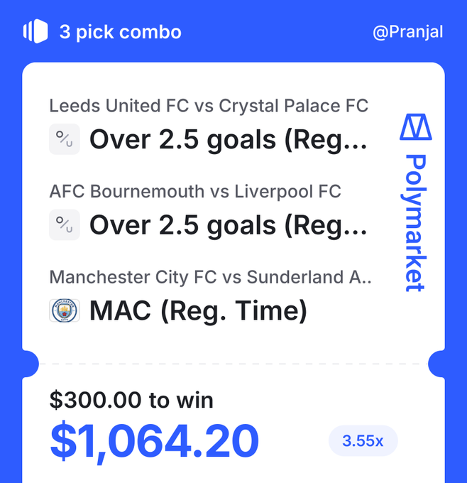 A Polymarket 3-pick combo betting slip shared by @Pranjal featuring EPL matches: Leeds vs Crystal Palace (Over 2.5 goals), Bournemouth vs Liverpool (Over 2.5 goals), and Manchester City vs Sunderland (MAC in Reg. Time), wagering $300.00 for a potential $1,064.20 payout at 3.55x odds—aligning with the post's prediction of a high-scoring day across the league.
