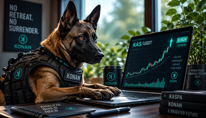 A digital illustration depicts a Belgian Malinois dog wearing tactical gear labeled 'KONAN' working on a laptop displaying a 'KAS/USDT' trading chart, surrounded by items branded with 'KASPA' and 'KONAN'.