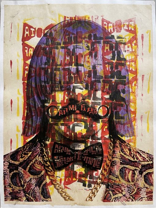 A colorful mixed-media artwork of a face partially obscured by stenciled text and drips of red and yellow paint.