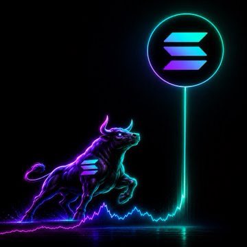 A neon-style digital illustration of a charging bull and the Solana logo glowing in purple, teal, and blue against a black background.