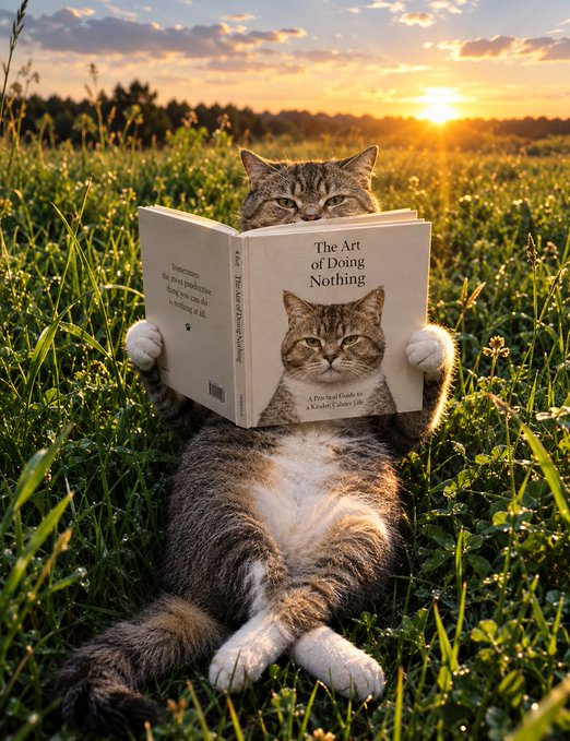 A tabby cat lounges in a grassy meadow at sunset, holding open a book titled "The Art of Doing Nothing" that humorously mirrors the relaxed weekend vibes of the post.
